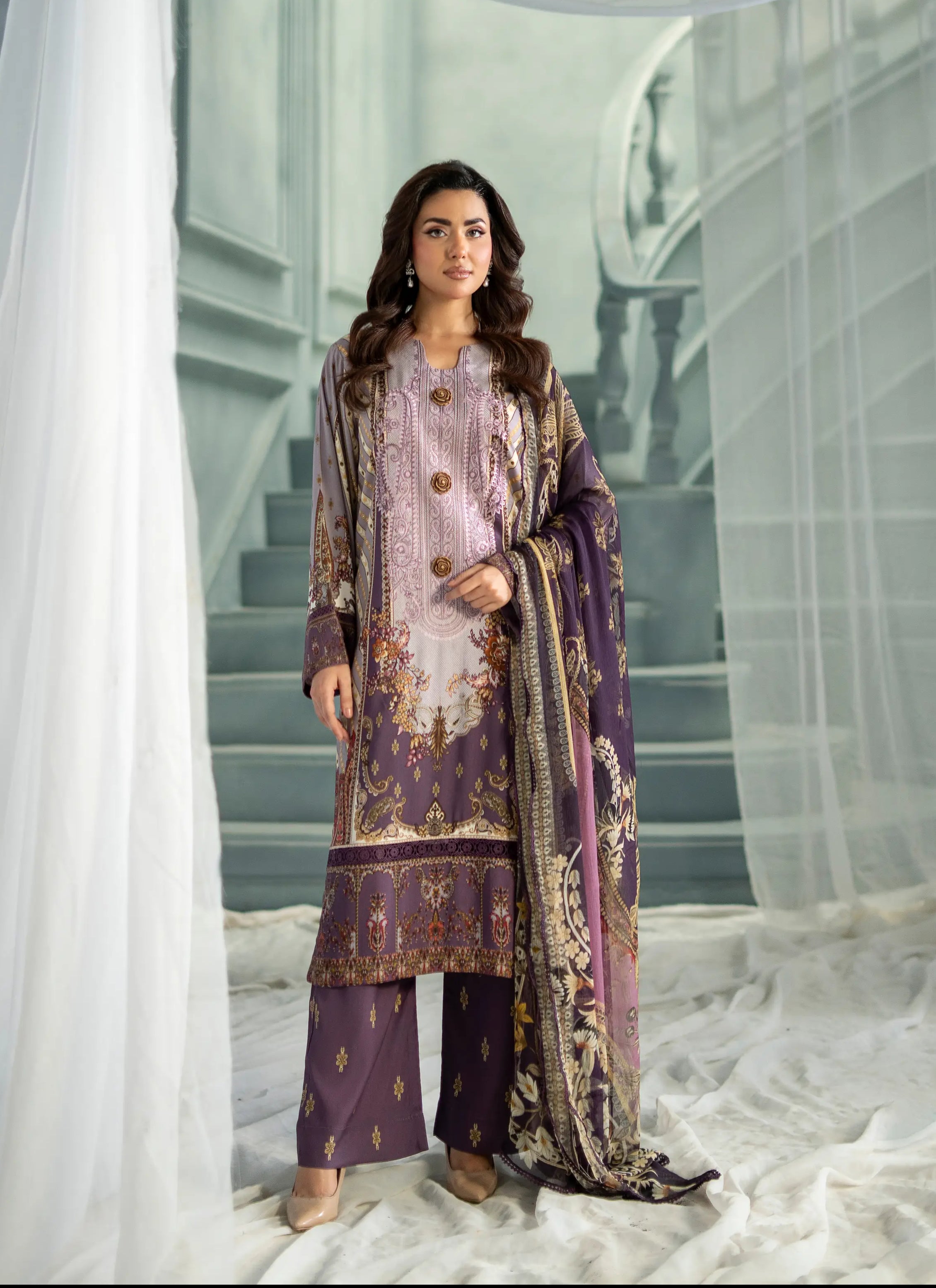 knee length dresses for ladies 2 Colours LAMAISAH linen dress suit 3 piece Pakistani embroidered mirr –  Lahore Creations main image 1