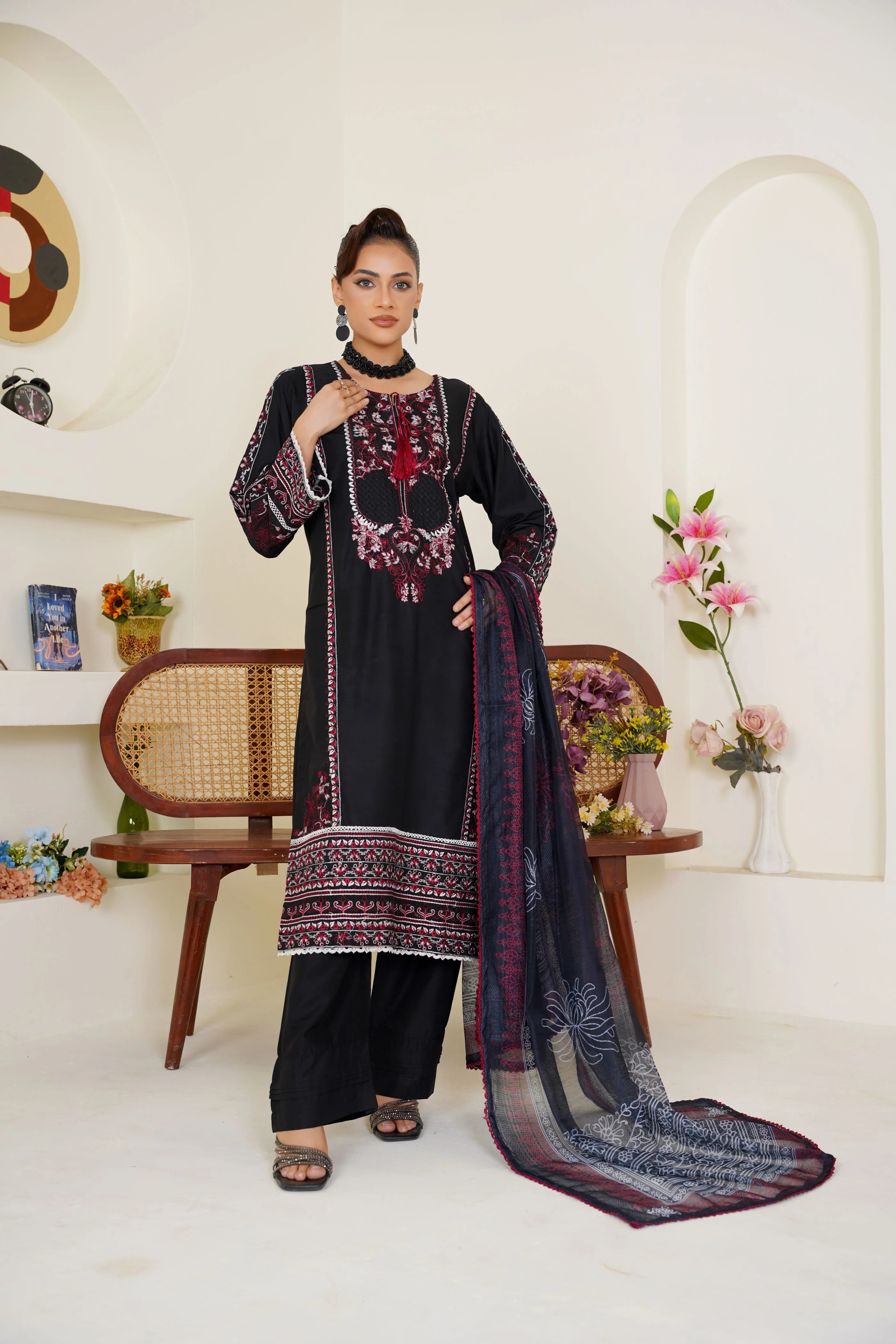 Black & Maroon Embroidered Viscose Pret 3 PCs