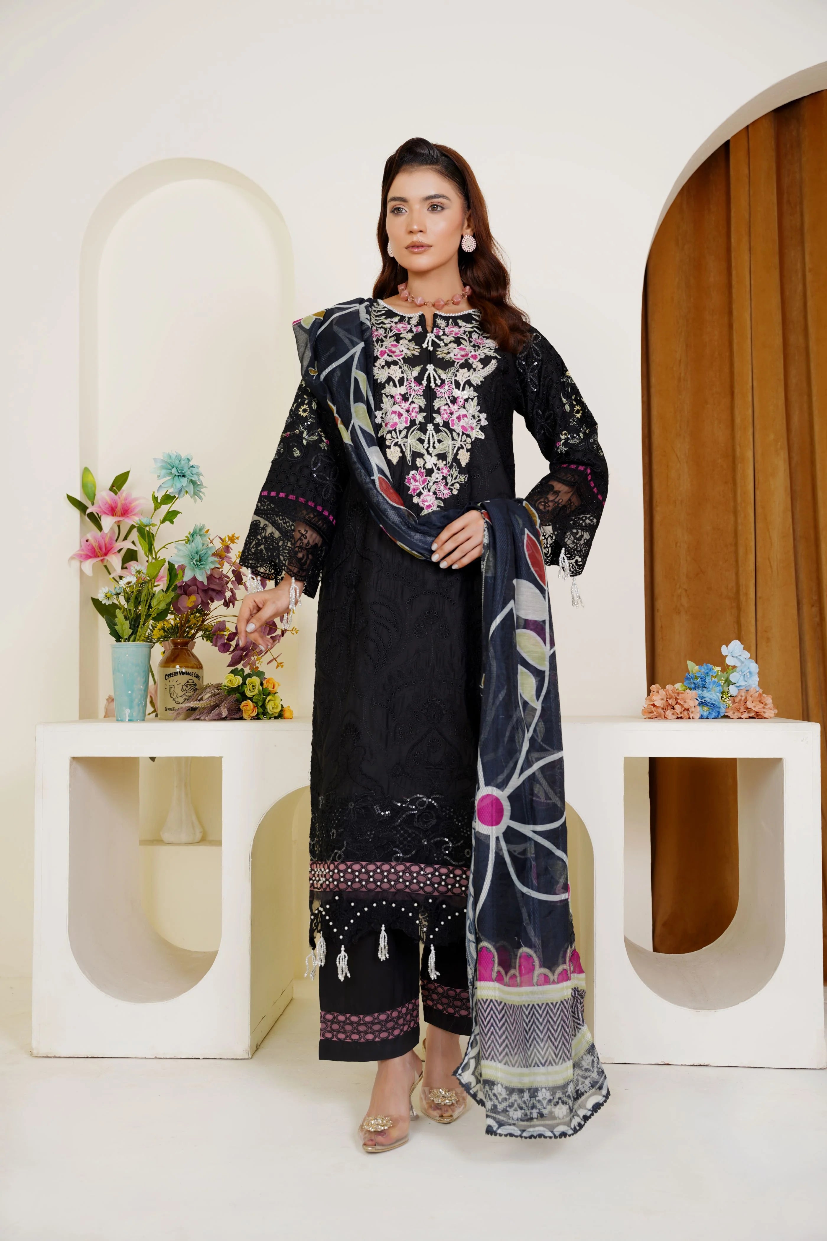 Black Embroidered Pret Viscose 3 PCs