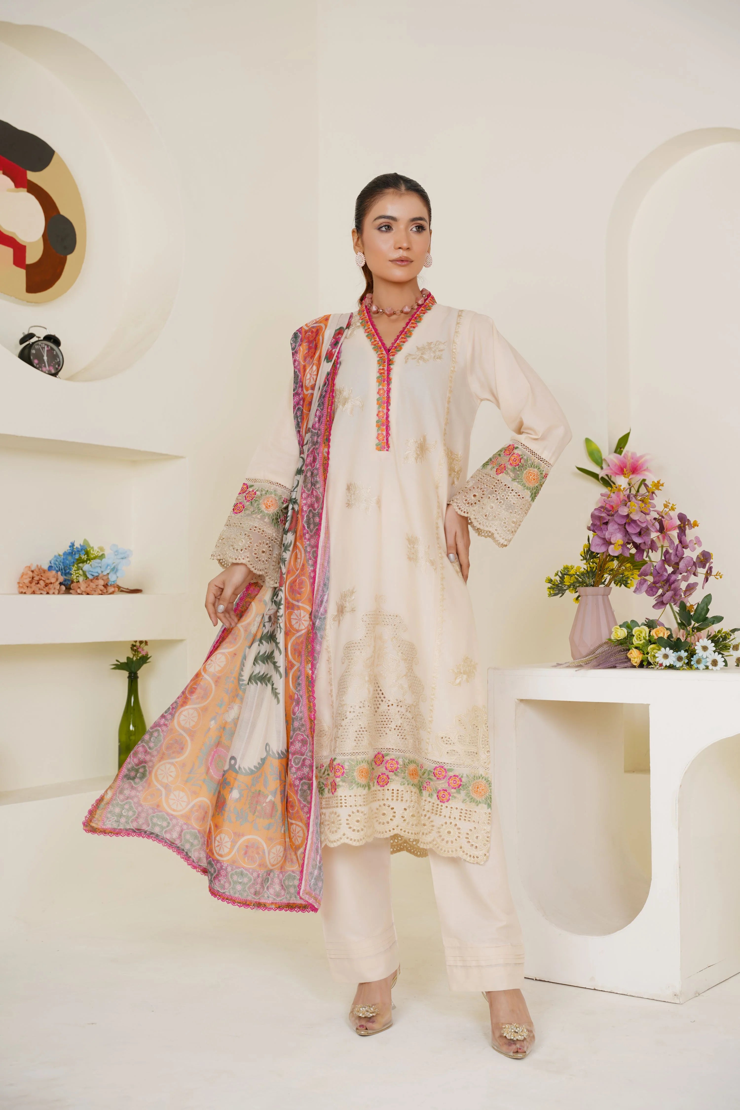Ivory Cream Embroidered Lawn Pret 3 PCs