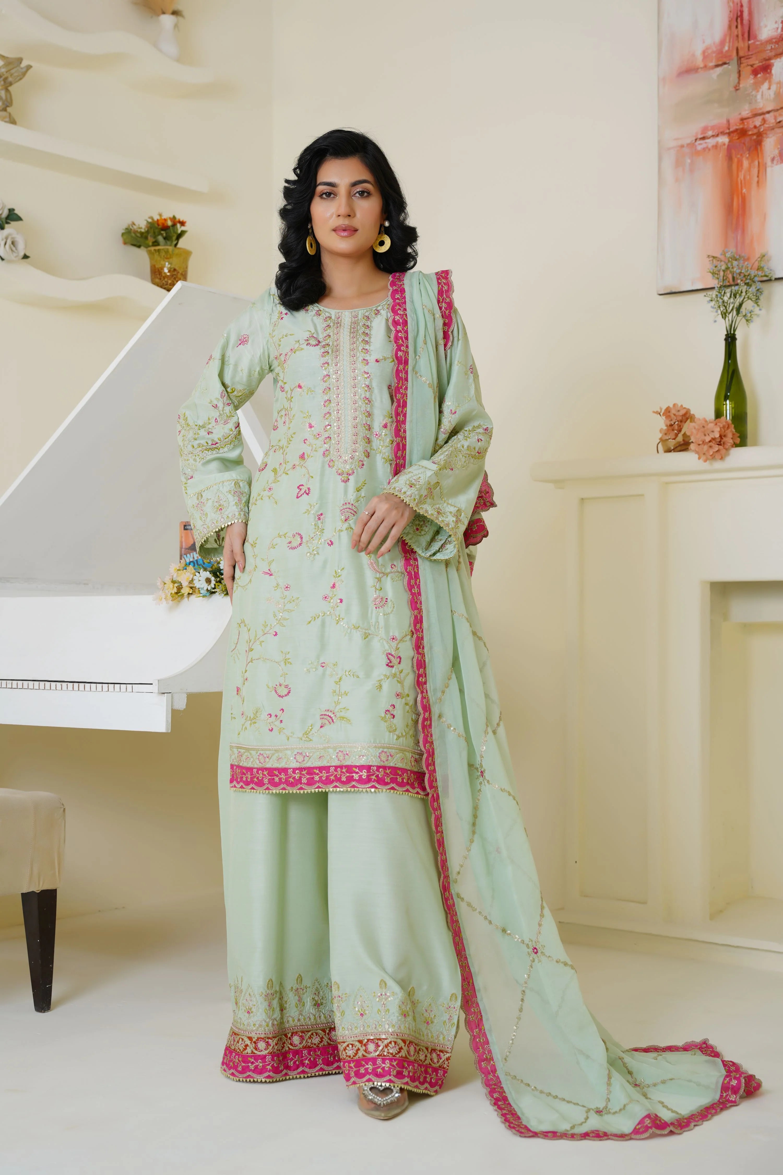 Mint Green & Pink Embroidered Viscose Pret 3 PCs