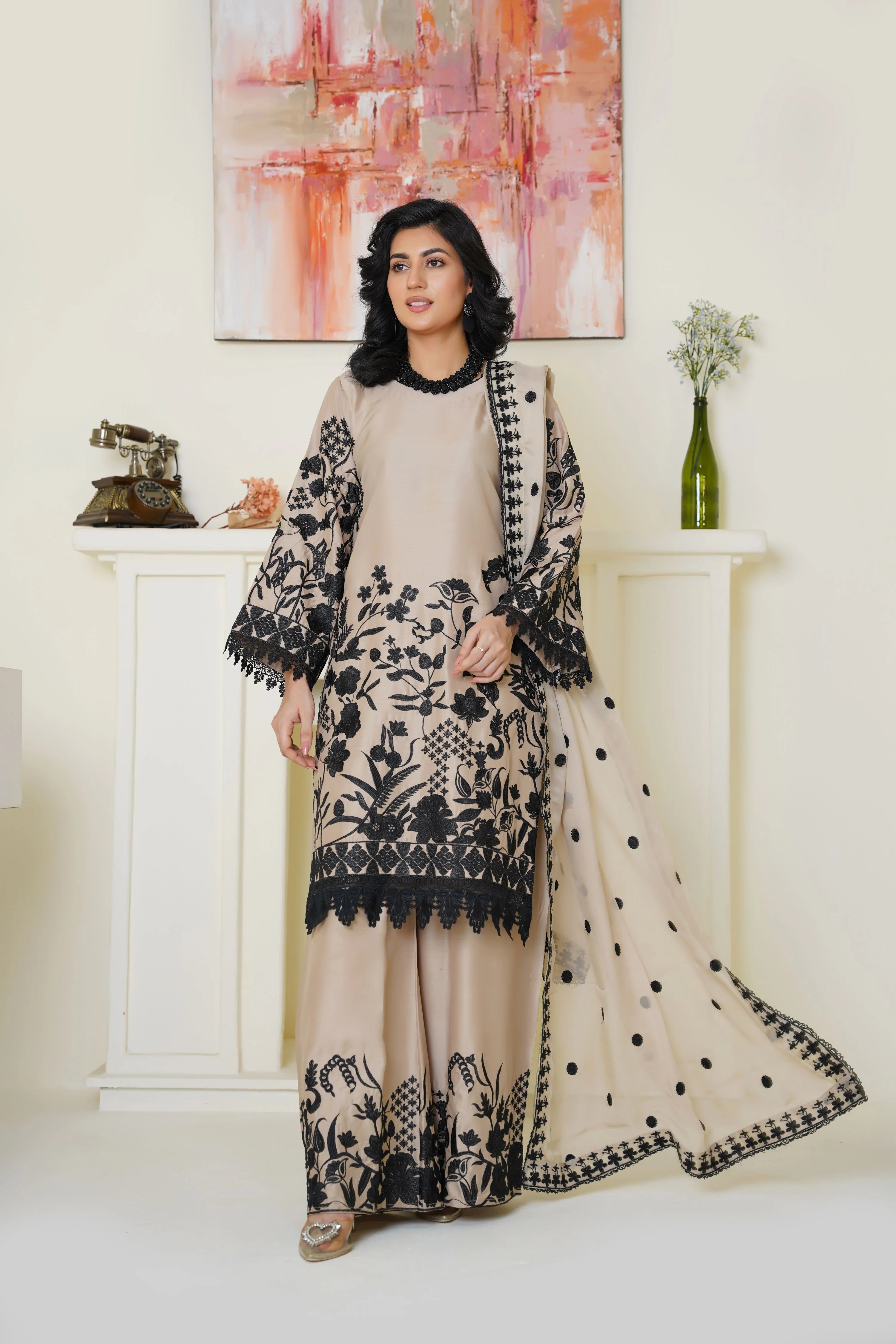 Chic Beige & Black Embroidered Viscose Pret 3 PCs