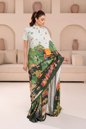 Woman wearing a stylish printed Poly Raw Silk saree and blouse from the Anayra Amal collection, featured at Buraq Store