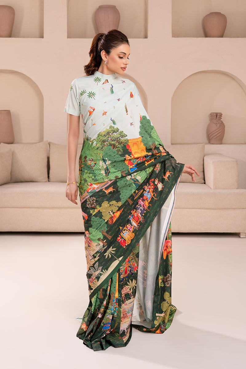 Woman wearing a stylish printed Poly Raw Silk saree and blouse from the Anayra Amal collection, featured at Buraq Store