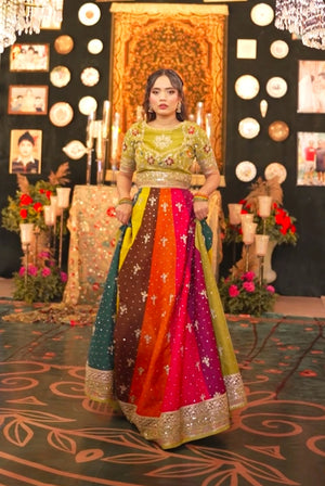 Designer bridal lehenga styled with rich fabric and traditional detailing by Buraqstore