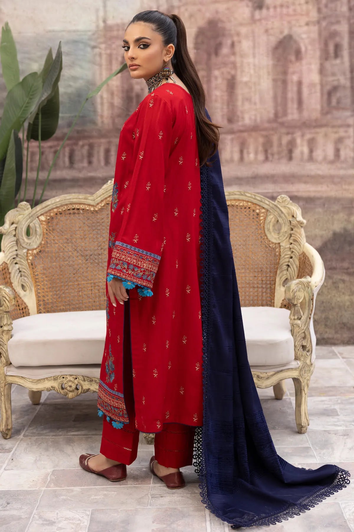Buraqstore girl posing in traditional red colour dress dhanak fabric