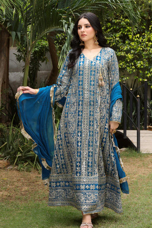Divine Charm – Zinc Blue Angrakha Style Frock (Chiffon 3PCs)