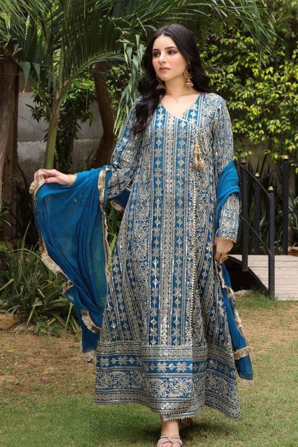 Divine Charm – Zinc Blue Angrakha Style Frock (Chiffon 3PCs)