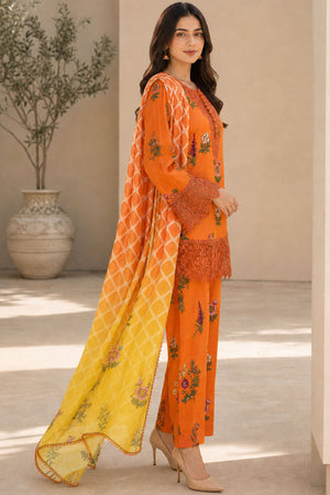 Girl wearing elegant orange dress pakistani outfit by buraqstore