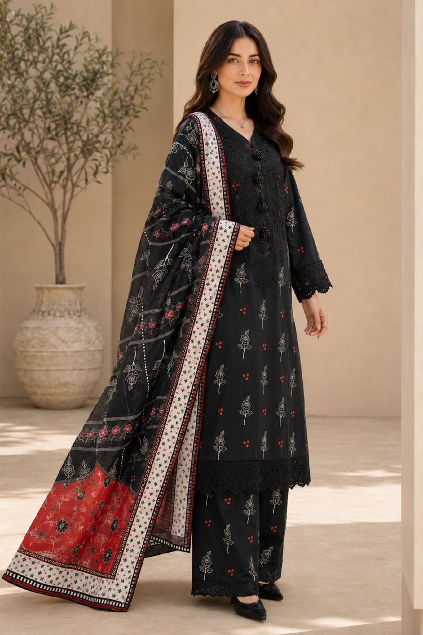 Eleganza E-15 : Stitched Embroidered & Digital Printed Lawn 3pc