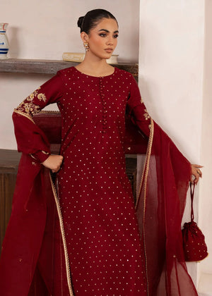 Buraqstore girl posing in stylish red colour dress with soft drape and embroidery
