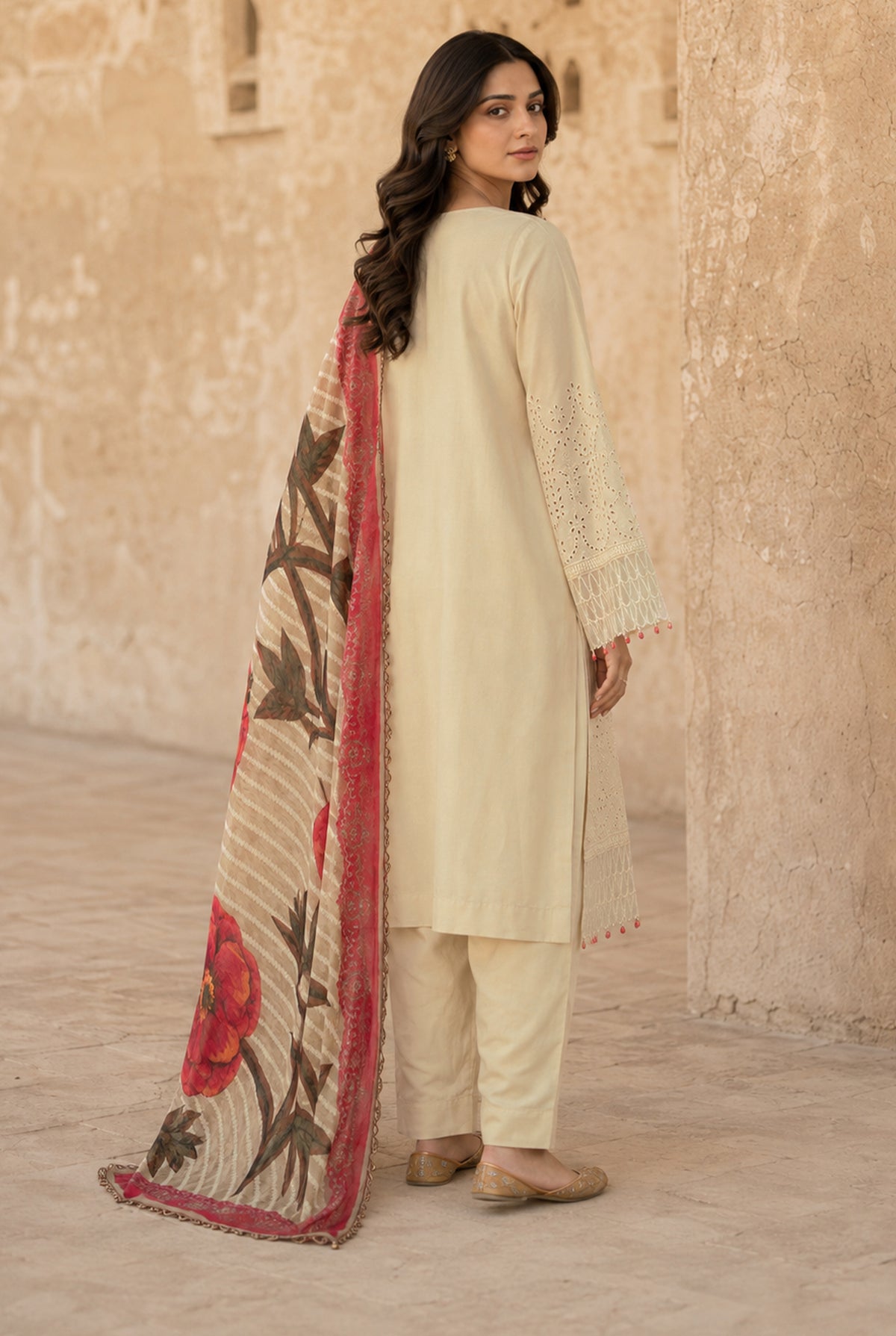 Beige Chikankari Embroidered Kurti 3PC