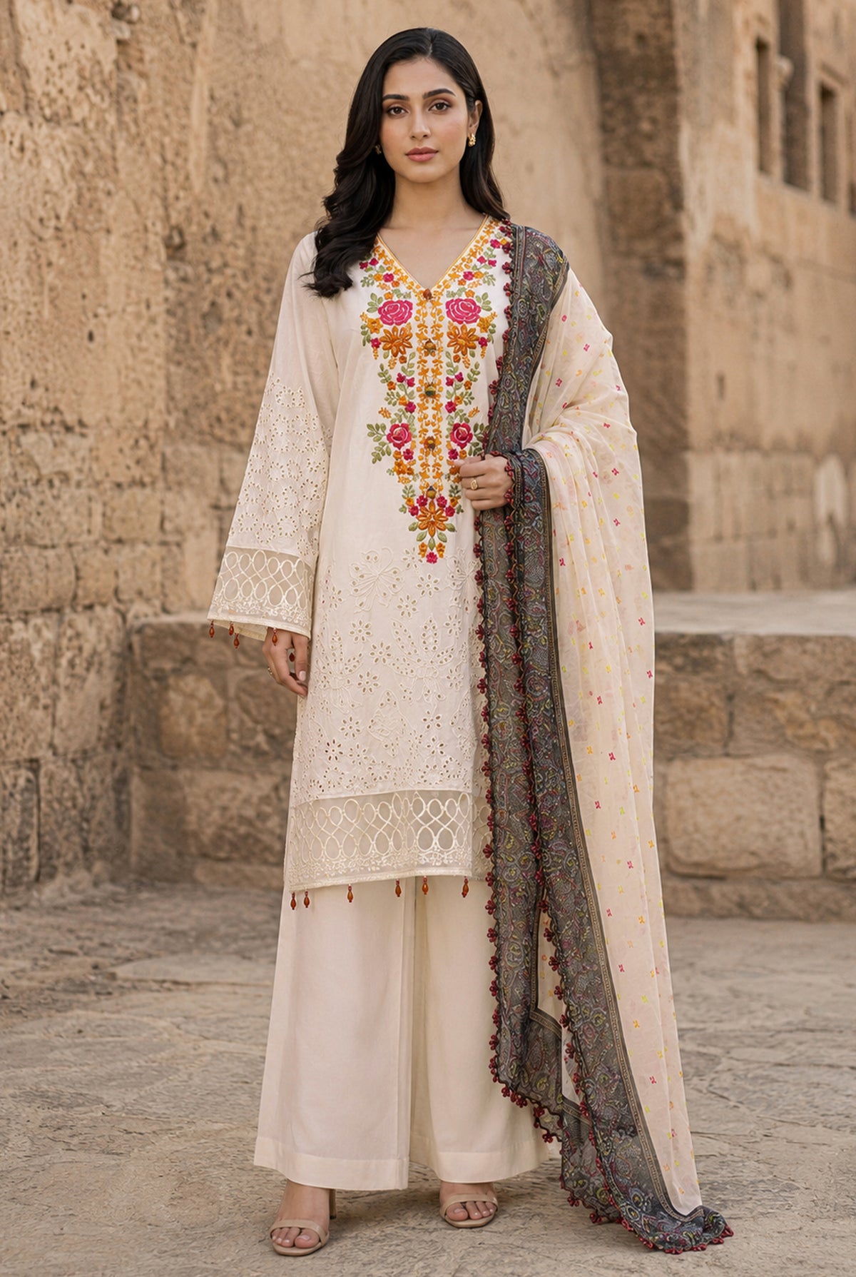 Flora F-39 : Stitched Embroidered Viscose 3-Piece Set