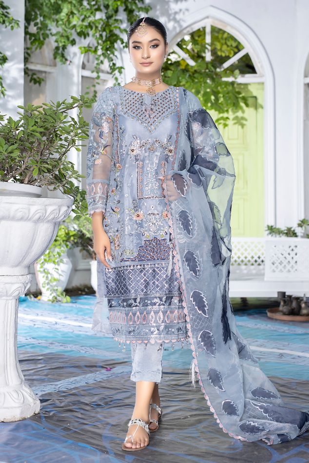 Floral Grey Organza Unstitched 3Pcs – embroidery online pakistan