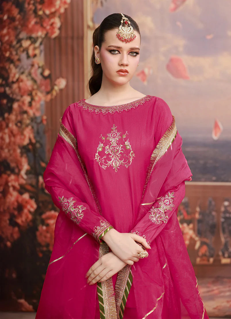 woman posing in pink organza dress pret 3 piece buraqstore