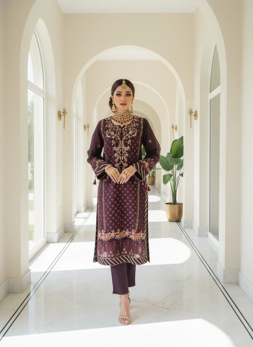 DHANAK - Embroidered Organza Royal Plum Unstitched 3 PCs