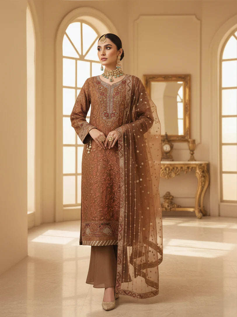DHANAK - Embroidered Organza Bronze Ember Unstitched 3 PCs