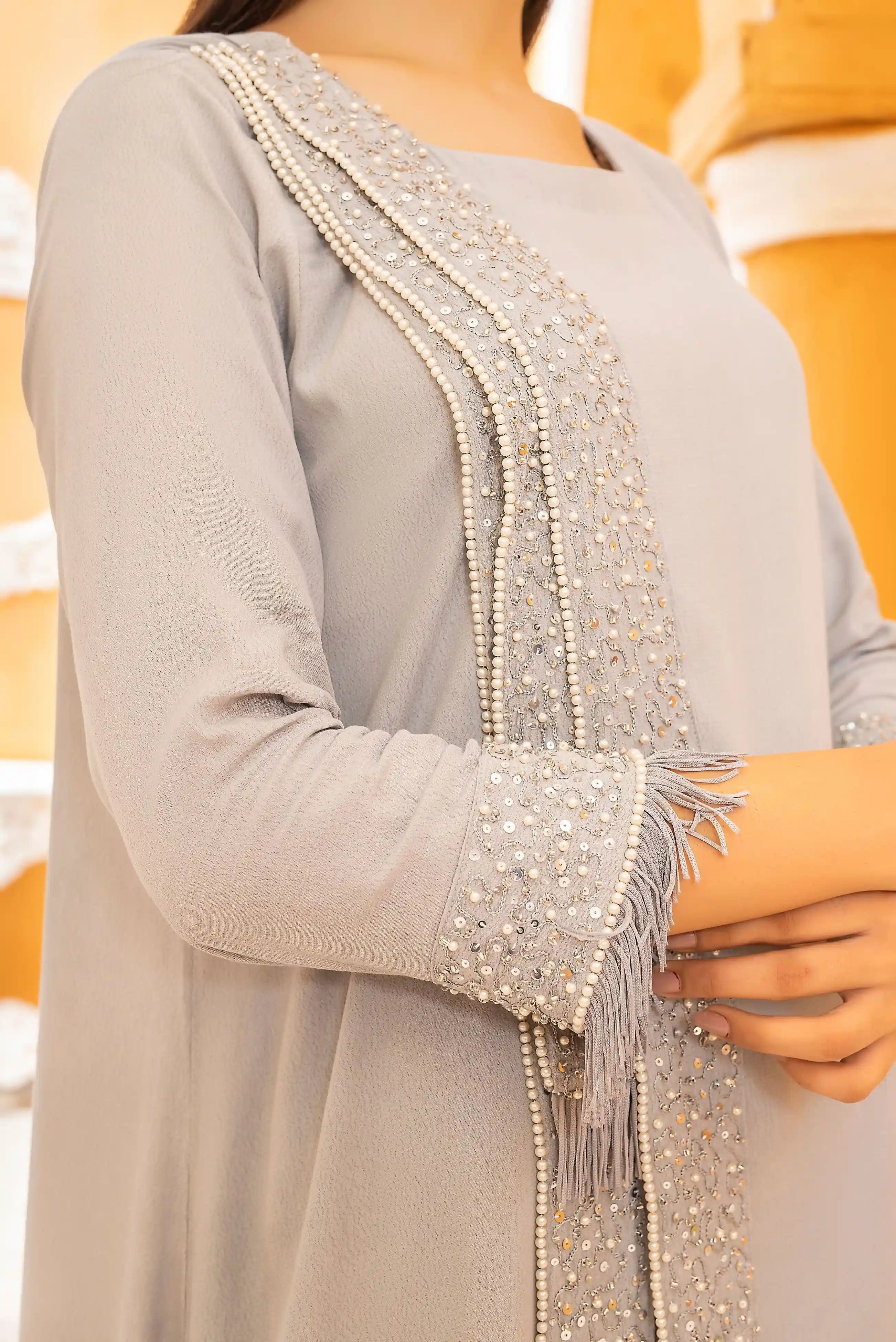 Girl wearing long georgette outfit by Buraqstore with soft drape styling