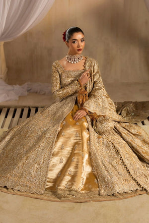 Golden bridal dress Pakistani formal wedding wear at BuraqStore