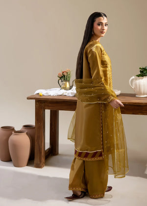 Simple golden dress Pakistani formal stitched suit at BuraqStore