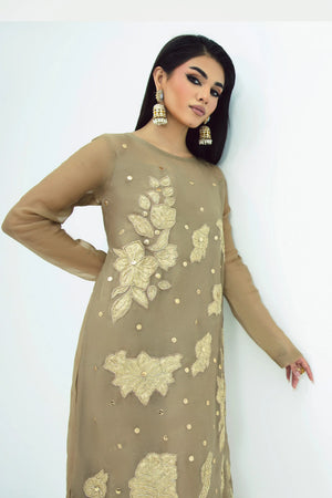 Golden dress Pakistani kaftan formal wear for women at BuraqStore