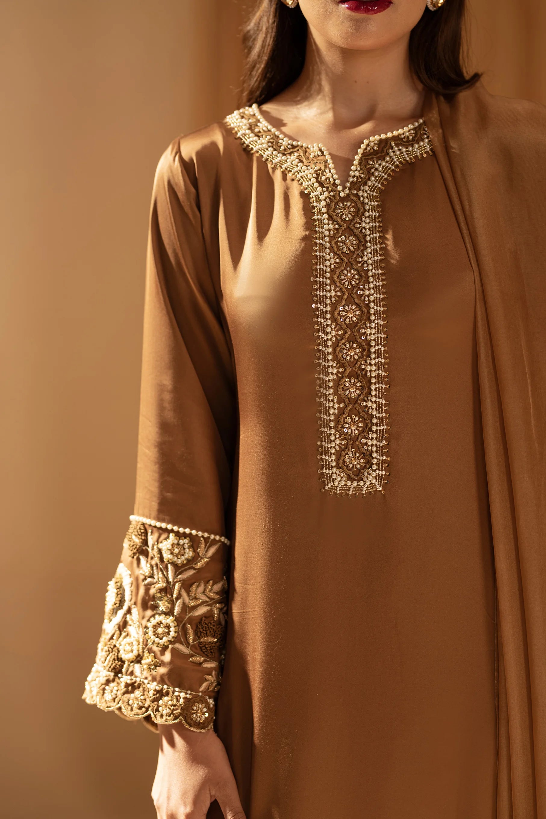 Golden dress for wedding silk formal Pakistani suit at BuraqStore