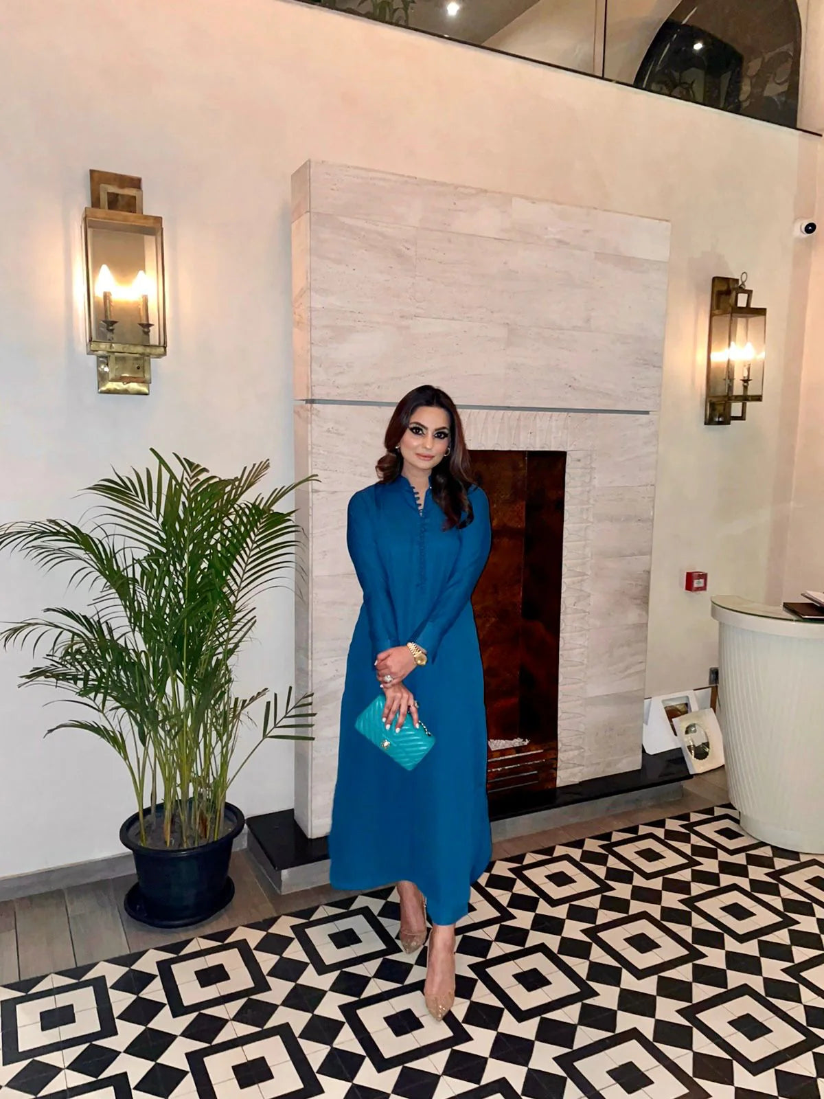 Teal Blue Button Set Tunic Crepe Pret 2 PCs