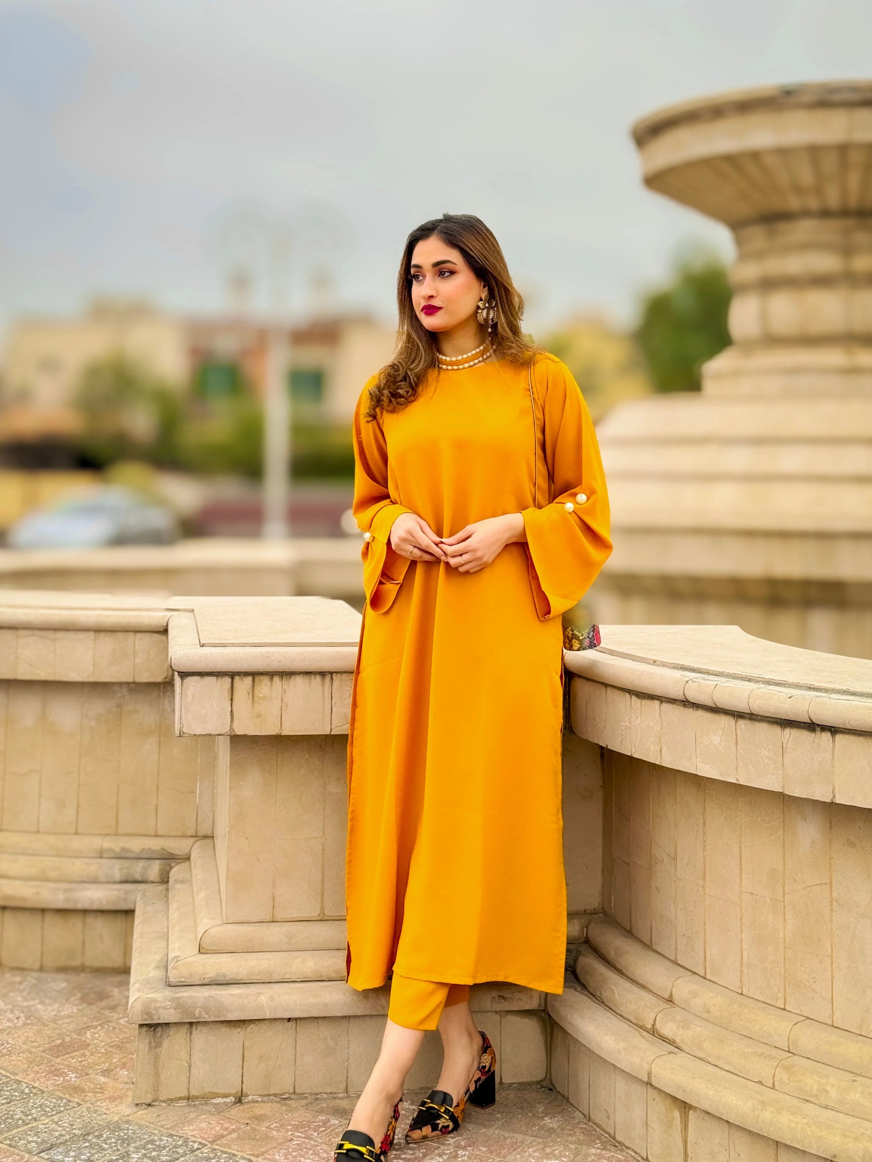 Mustard Pearls Crepe Pret 2 PCs