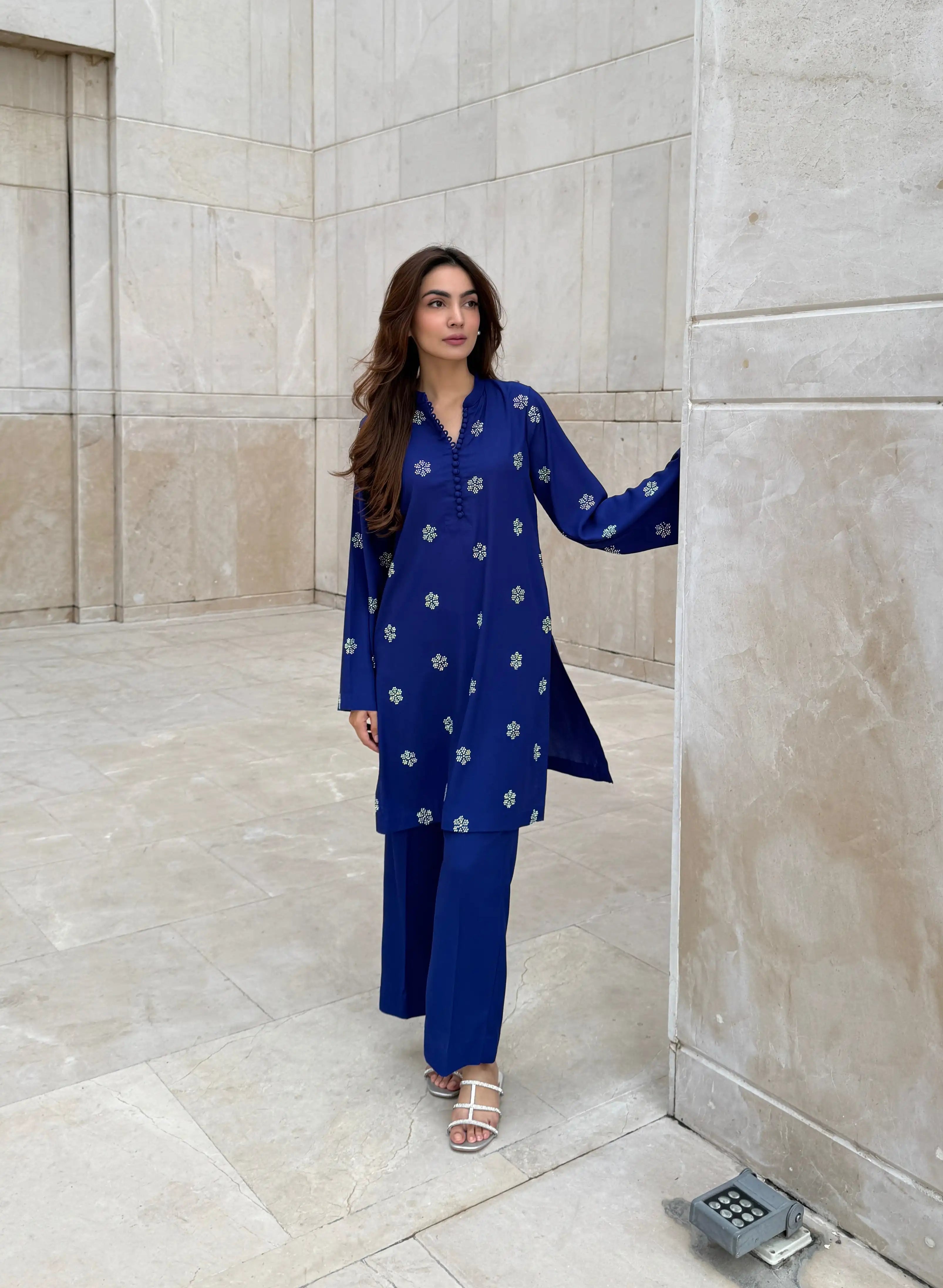 Navy Blue Georgette Co-ord Set 2 PCs