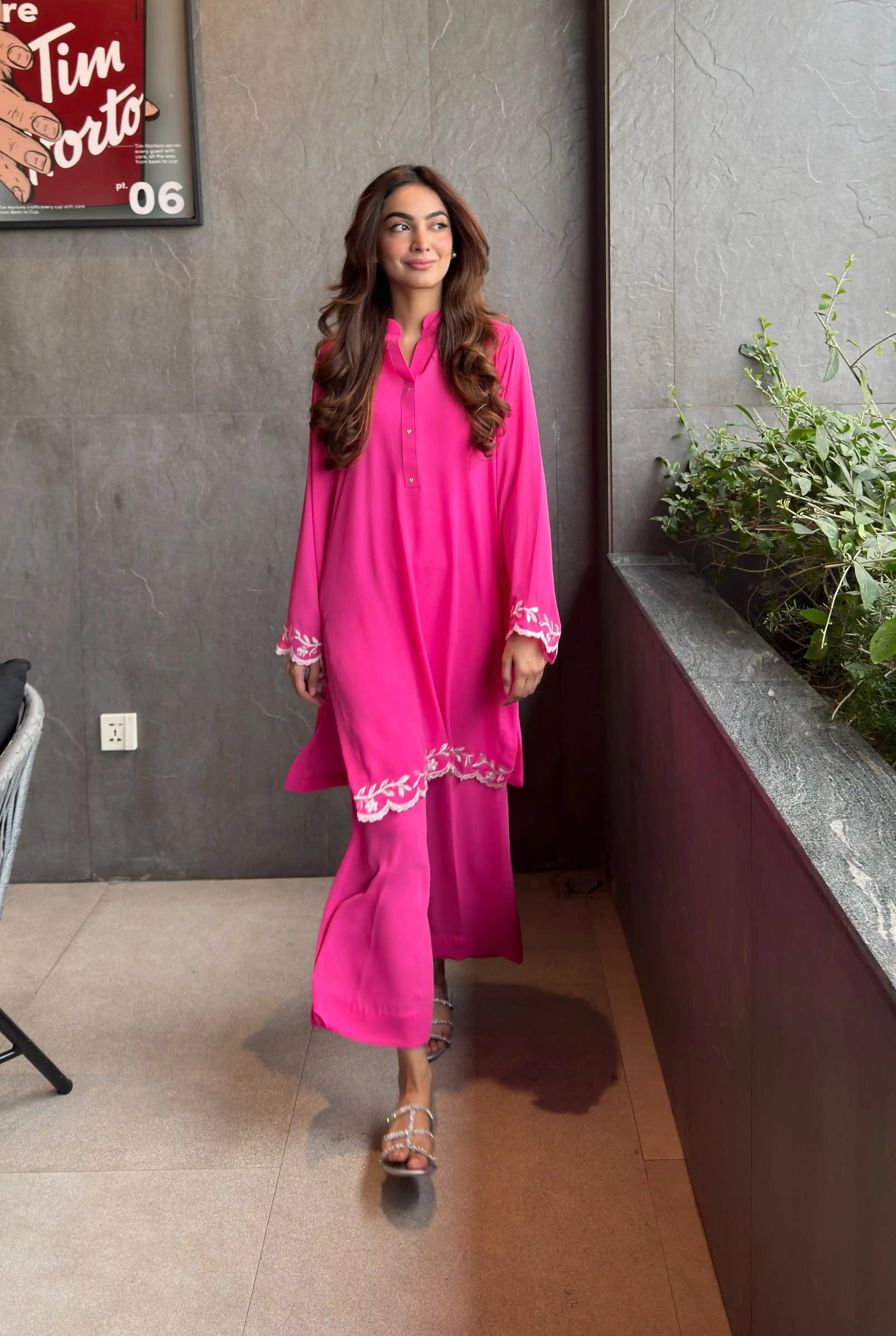 Fuchisa Pink Georgette Co-ord Set 2 PCs