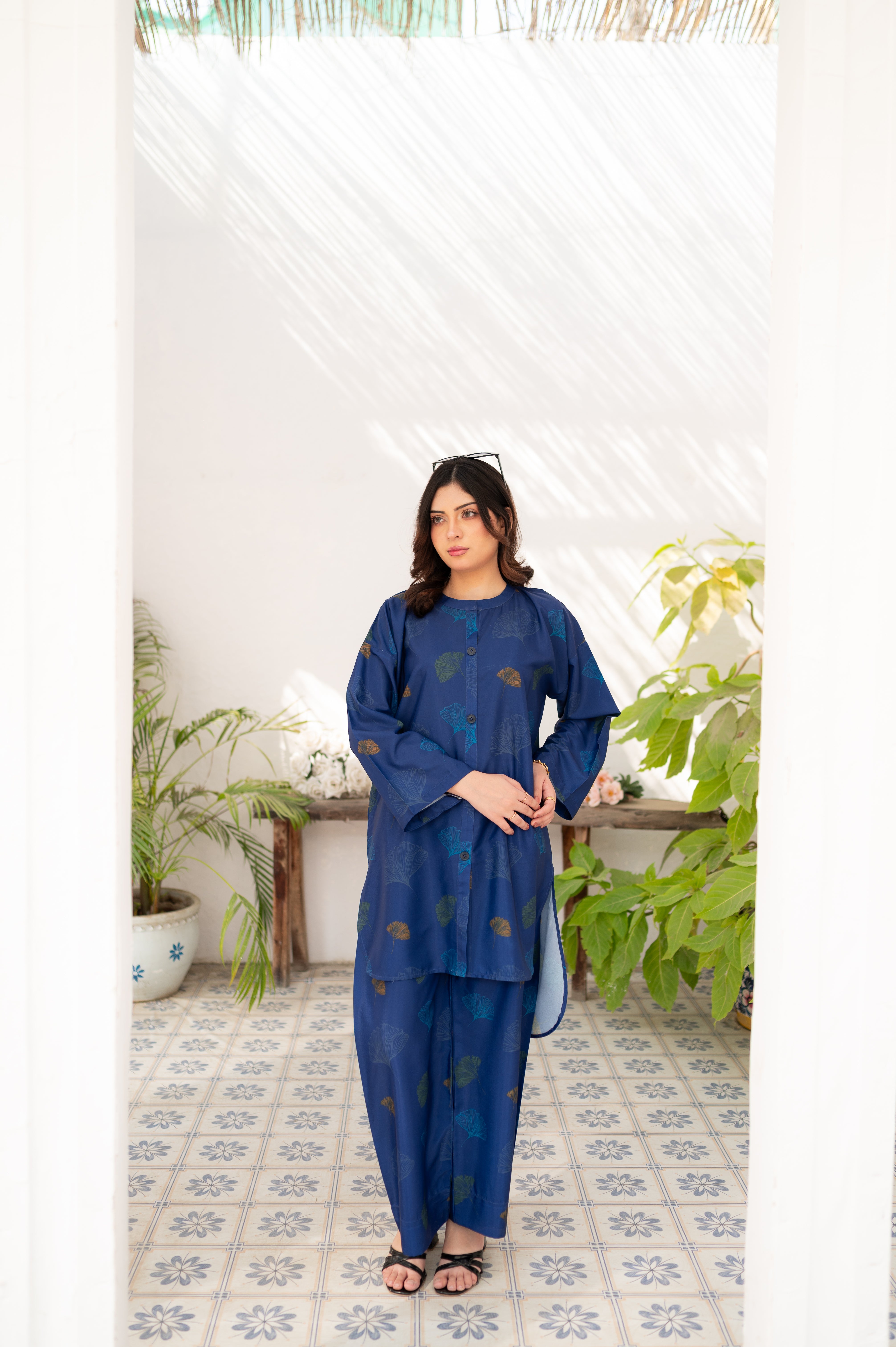 Navy Blue Vector Printed Crepe 2 PCs