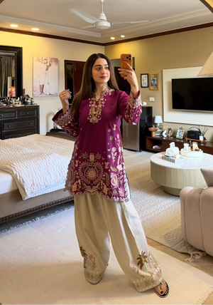 Stylish mulberry bloom summer outfit by Buraq Store perfect for lawn dresses
