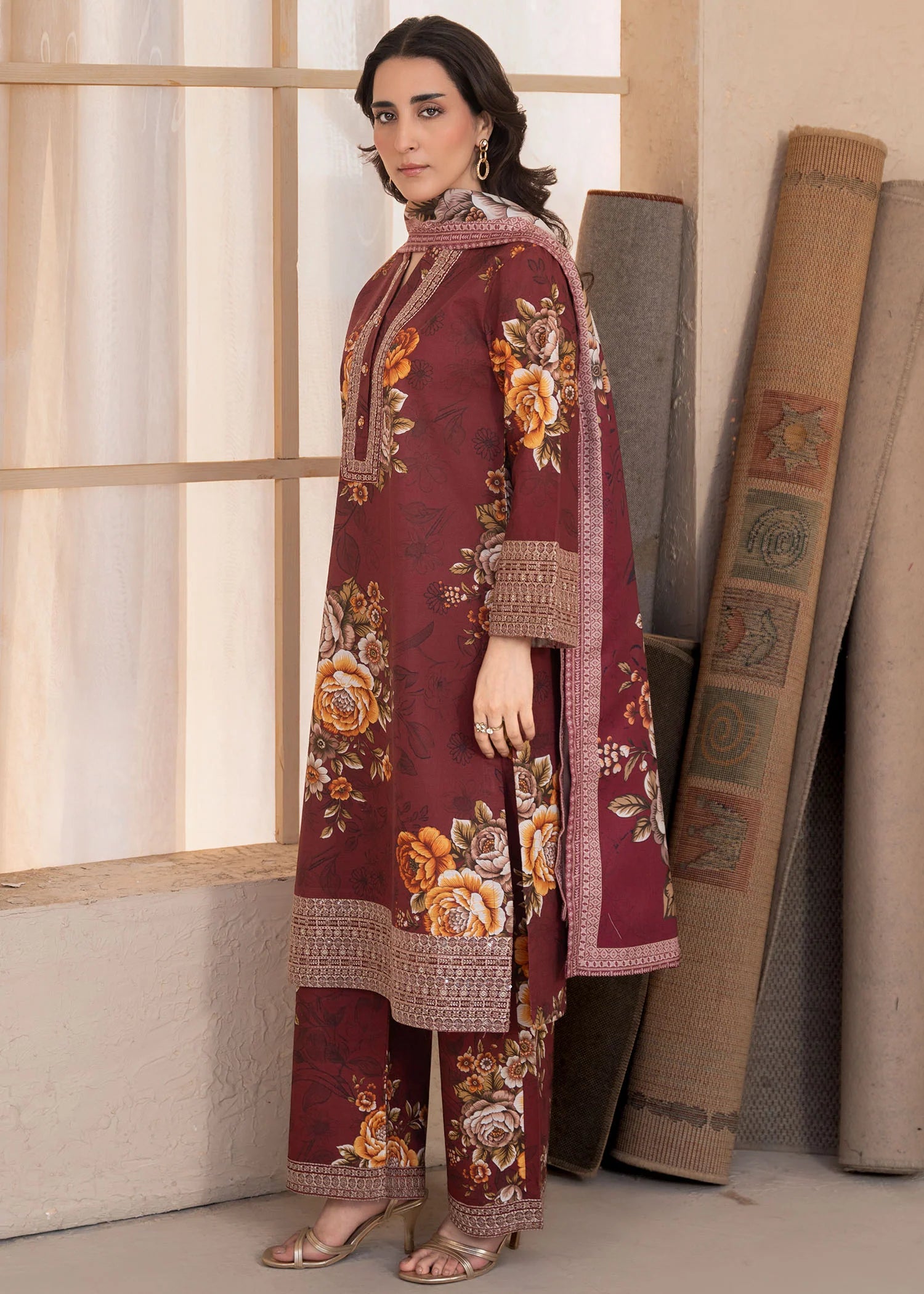Girl wearing warm khaddar dress by Buraqstore with cozy styling