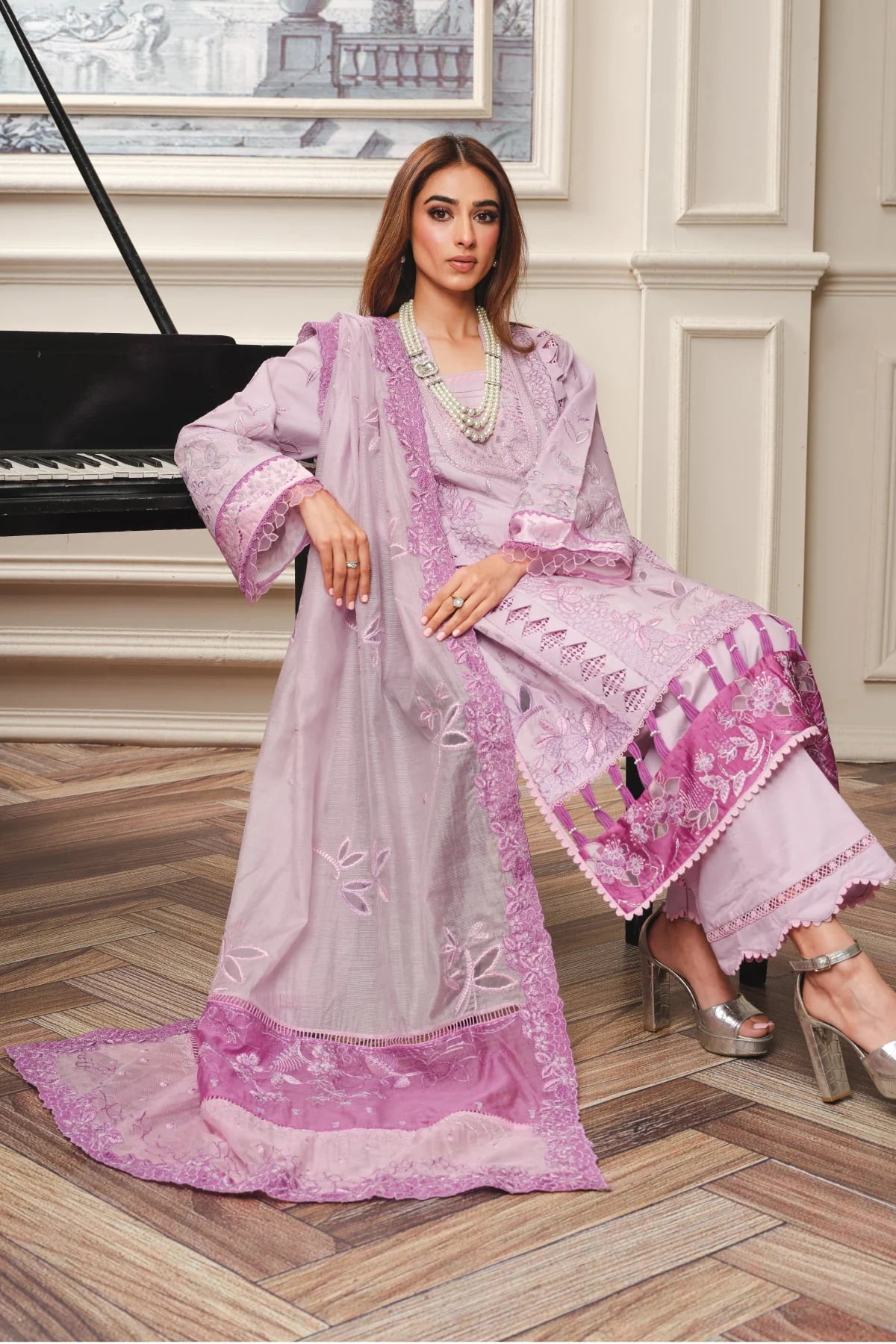 Lavender dress Pakistani lawn unstitched summer outfit at BuraqStore