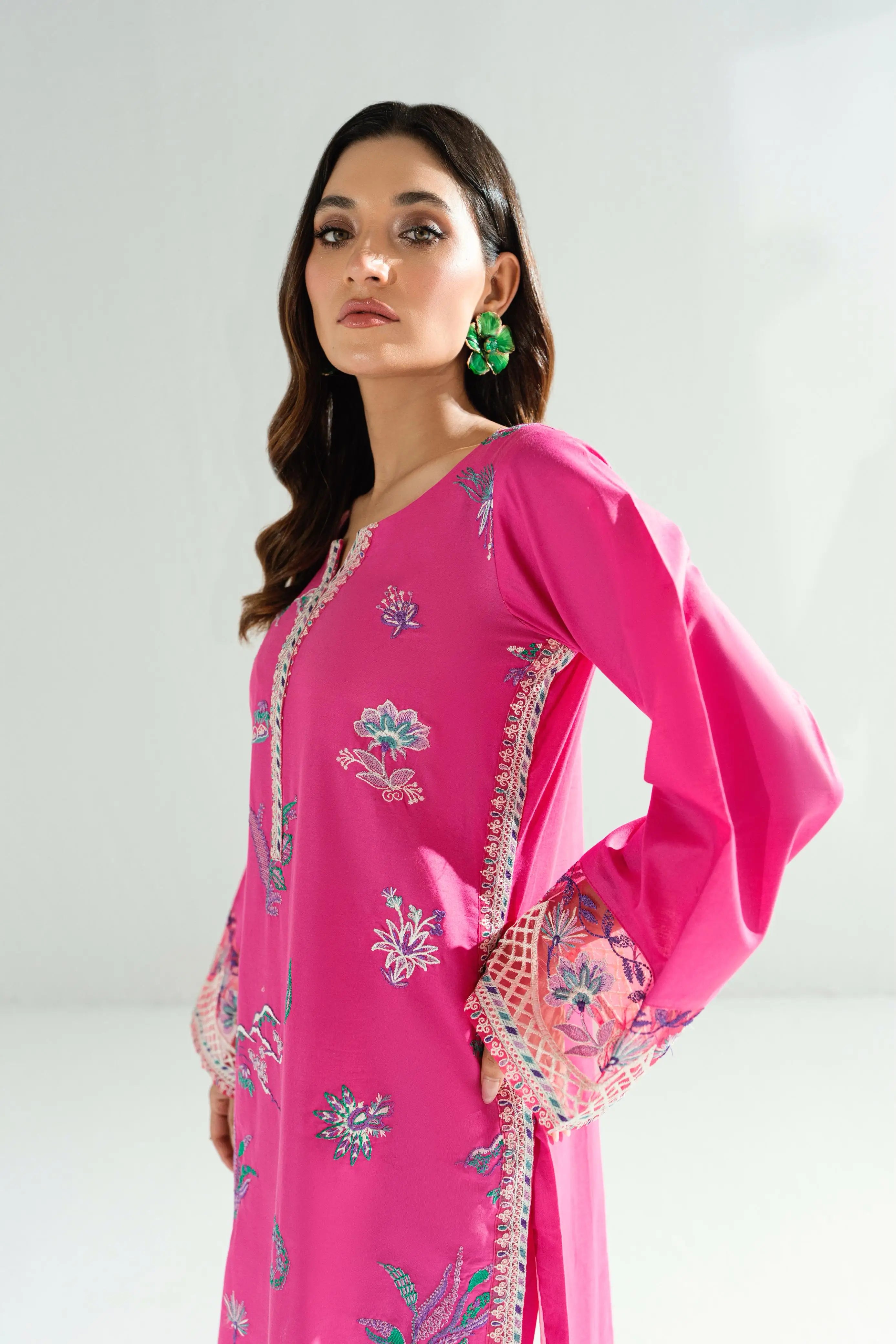 woman posing in pink lawn suit embroidered design buraqstore