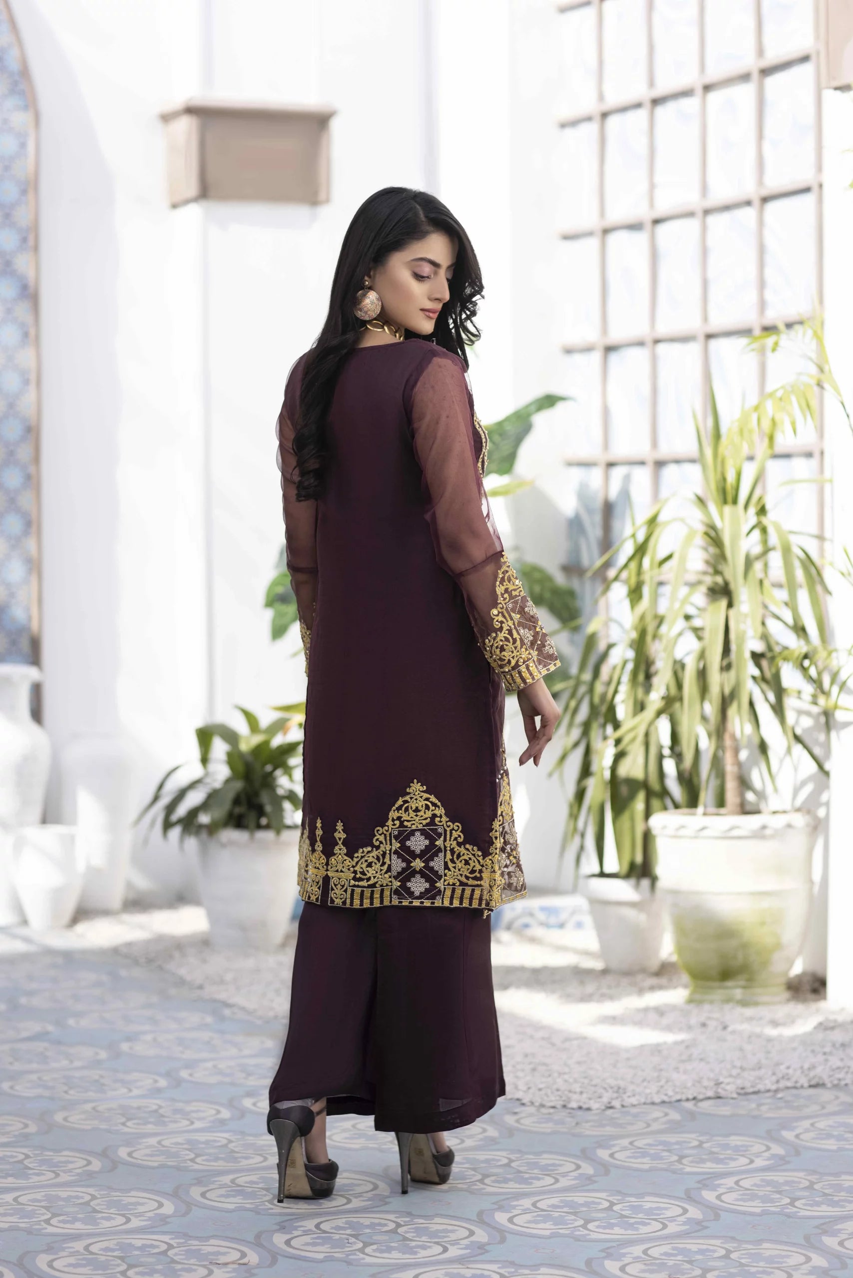 Maroon Flame Stitched 2Pcs – formal embroidery dresses for women