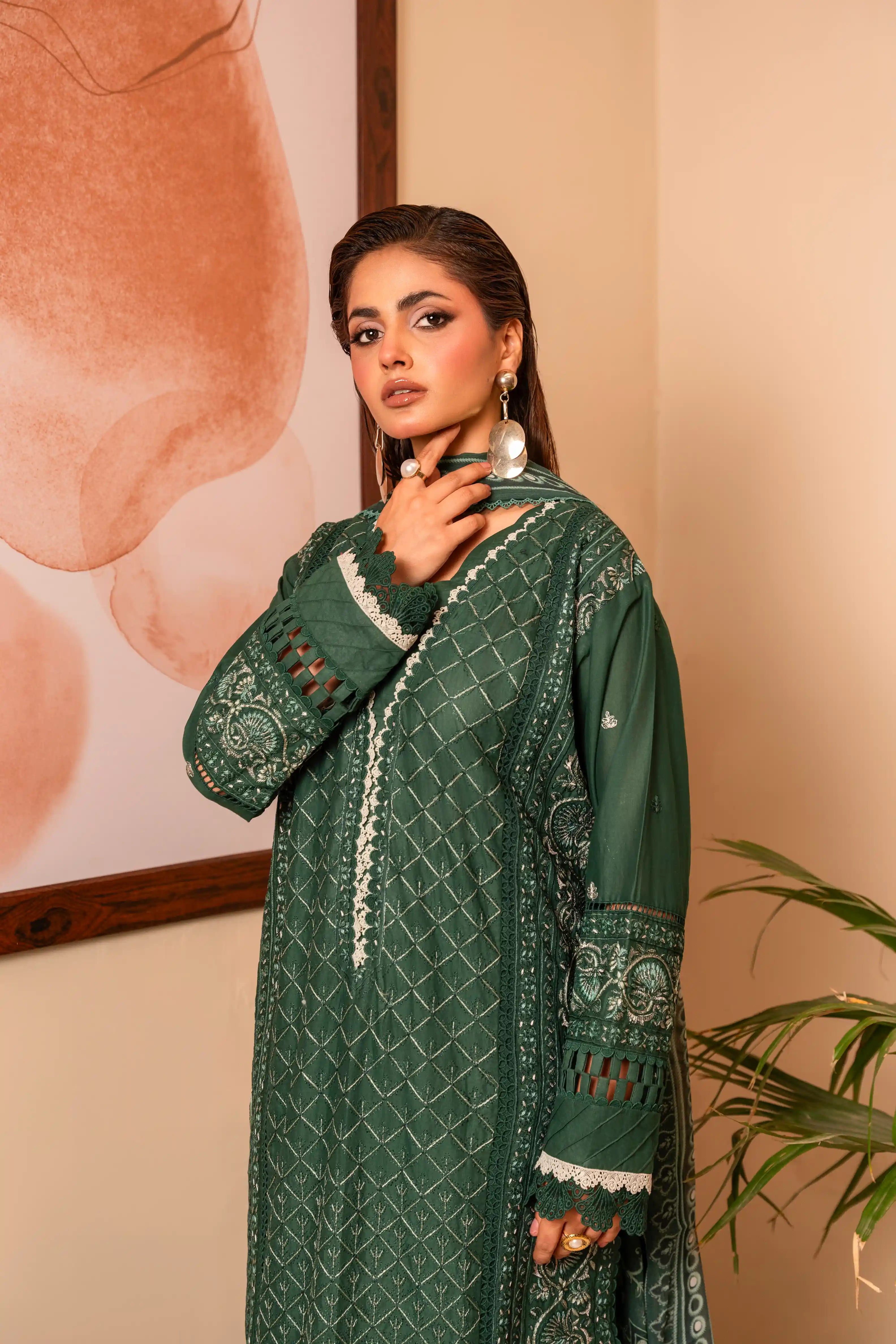 Mayal Embroidered 3Pcs Cotton Suit with Chiffon Dupatta
