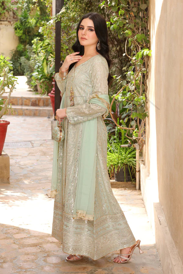 Mint Elegance – Mint Green Angrakha Frock (Chiffon 3PCs)