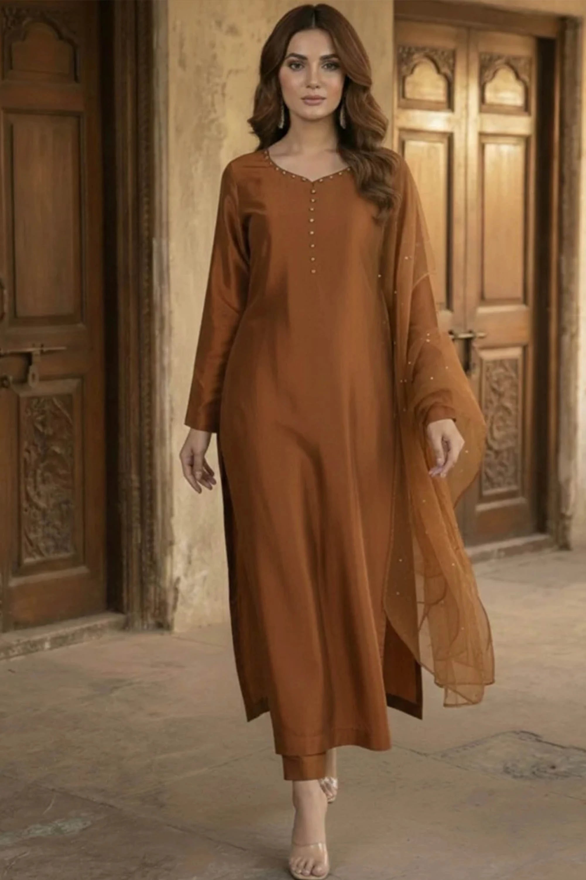 pastel brown color dress Rubina Raw Silk 3 PCs S milo_musthaves KTRT5877BRZ Joanna Black and Blush Size:US 18/UK 20/EU 48