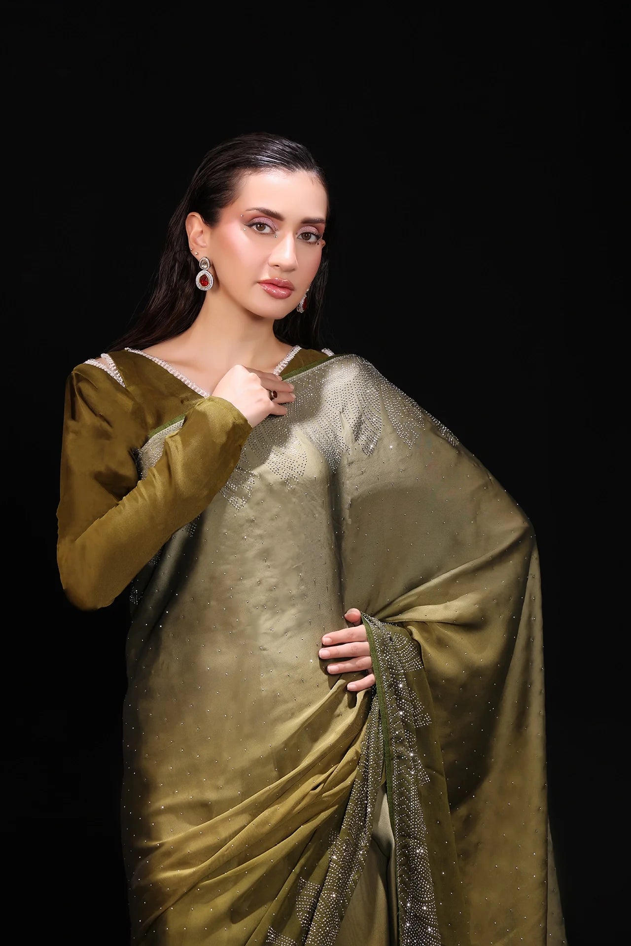 Olive Opulence Embroidered Silk Saree 2Pcs