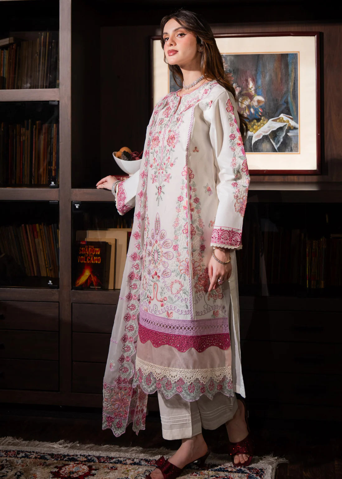 Buraqstore pink white chikankari lawn suit elegant design