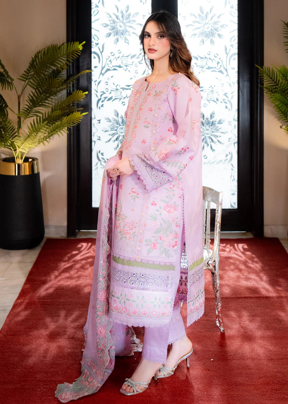 Buraqstore pink chikankari lawn suit embroidered 3 piece