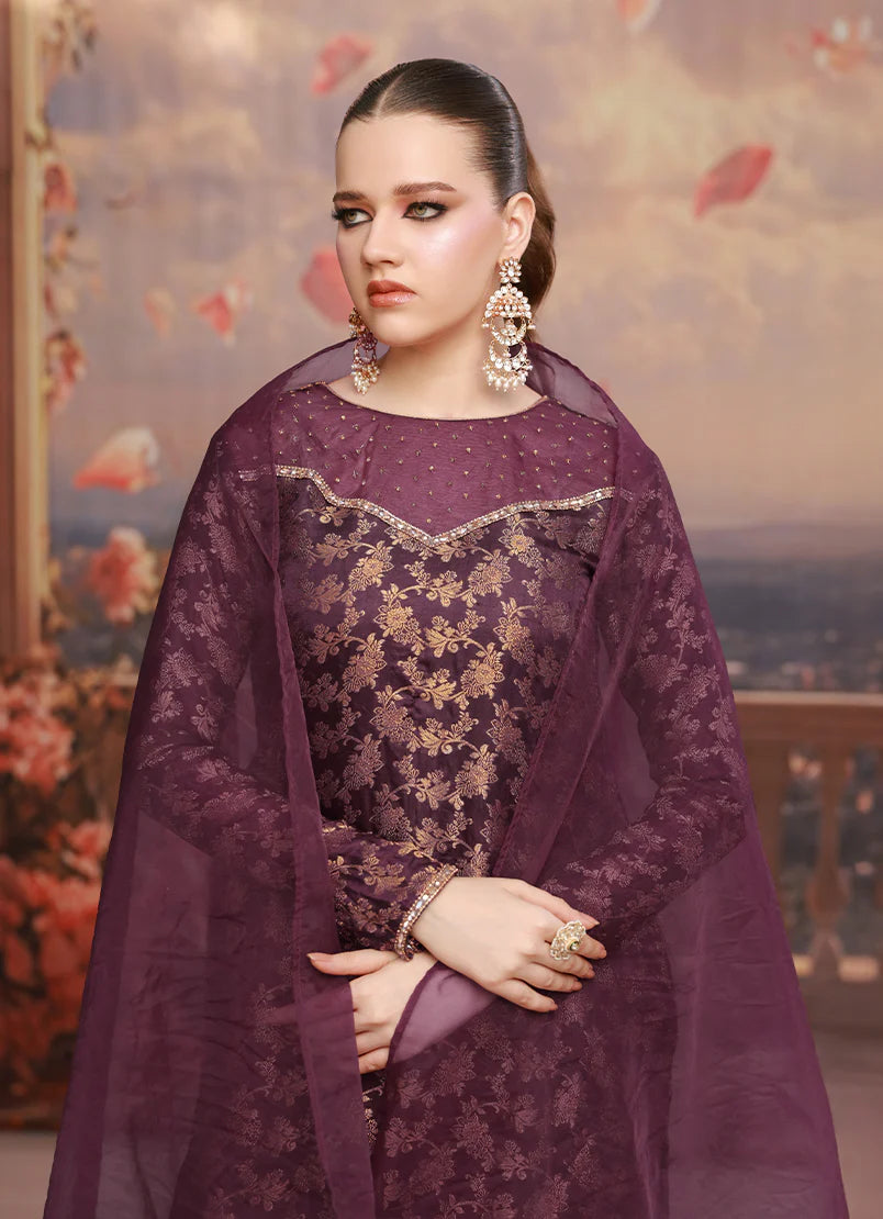 Female model showcasing Plum Frost chiffon pret Buraqstore, stylish ladies outfit