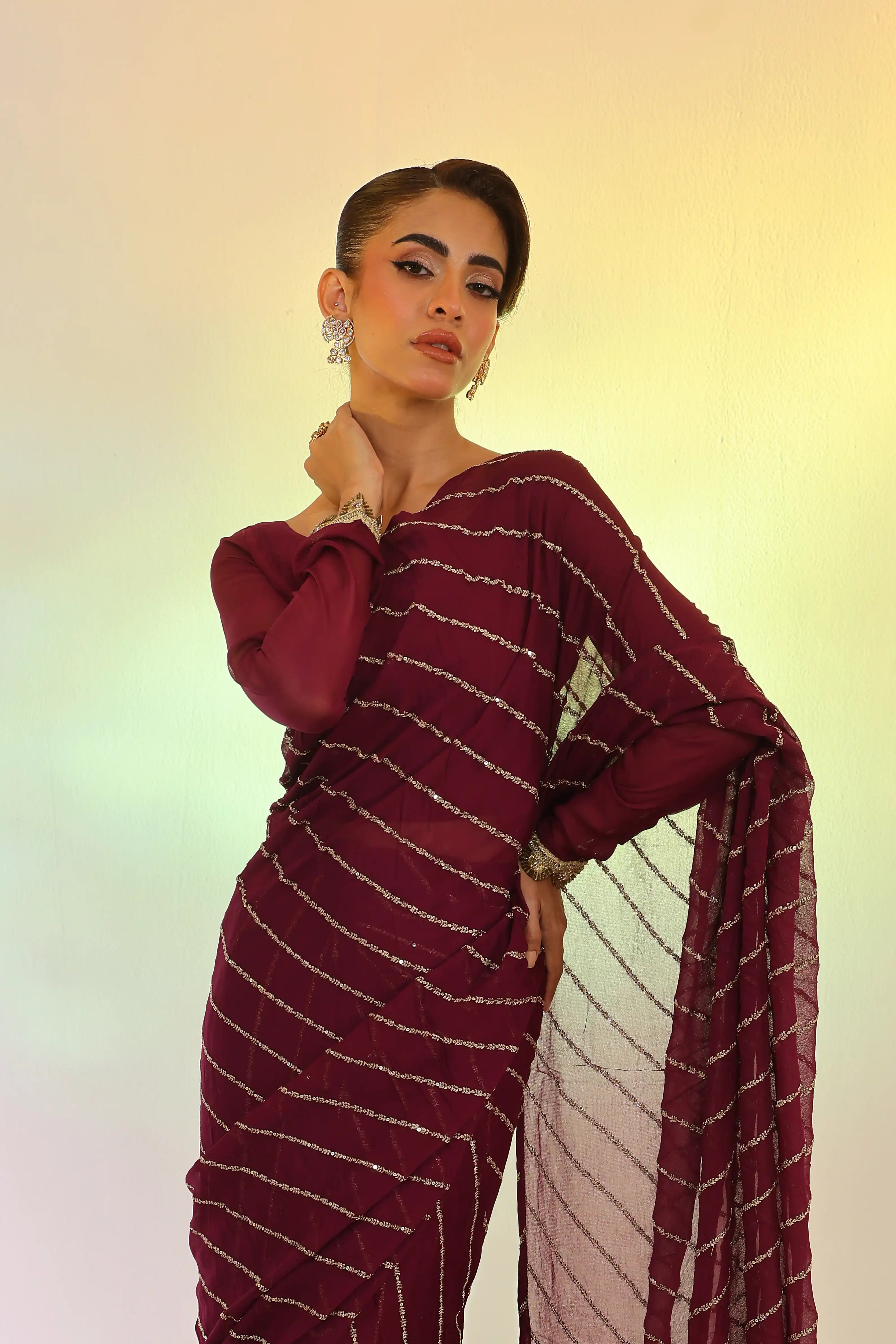 Plum Élan – Fancy Chiffon Saree 3Pc
