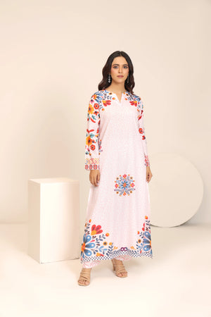 woman posing in white dress pakistani printed outfit buraqstore