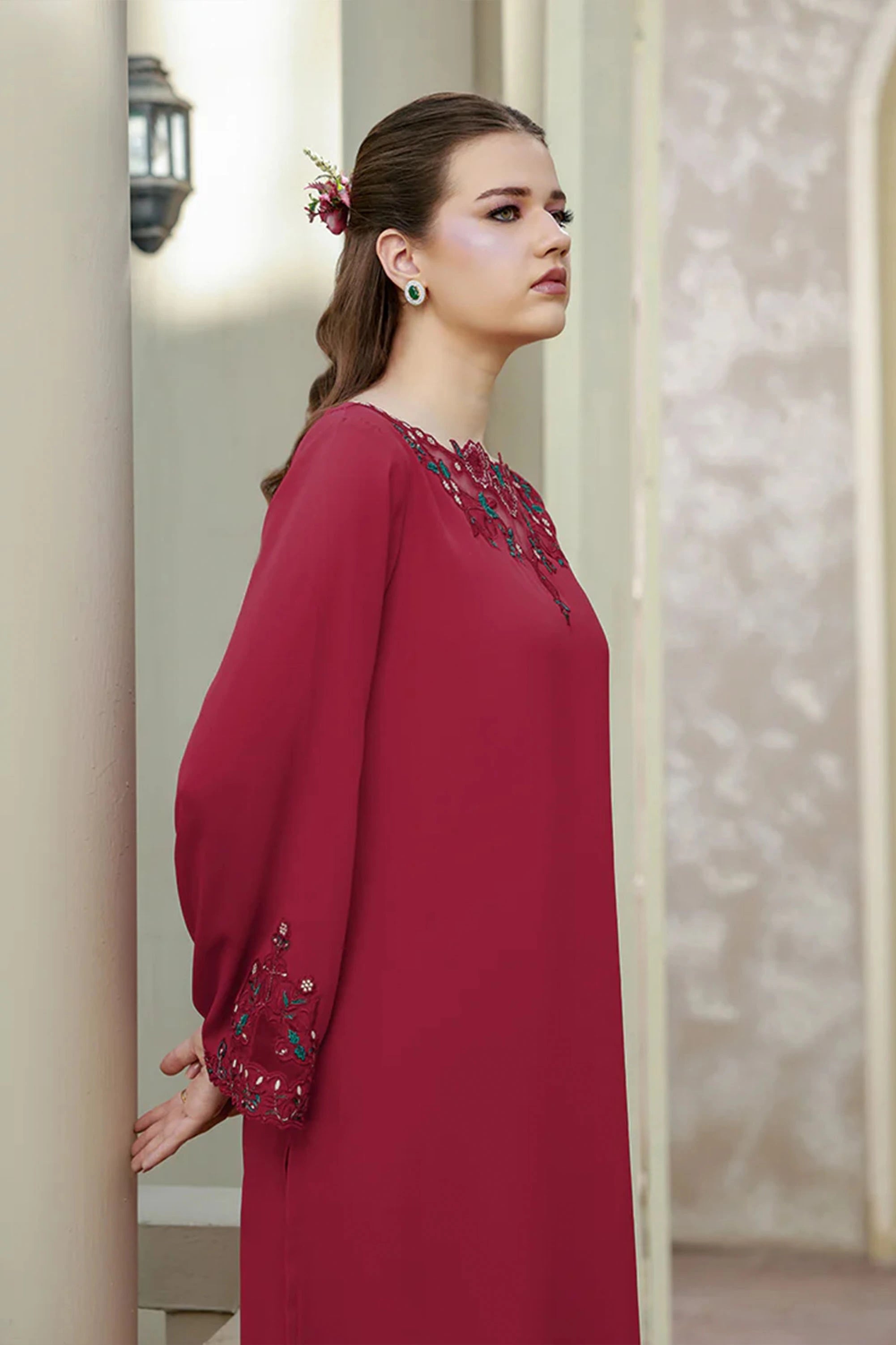 Buraqstore girl posing in flowy red colour dress georgette highlighting soft fabric fall
