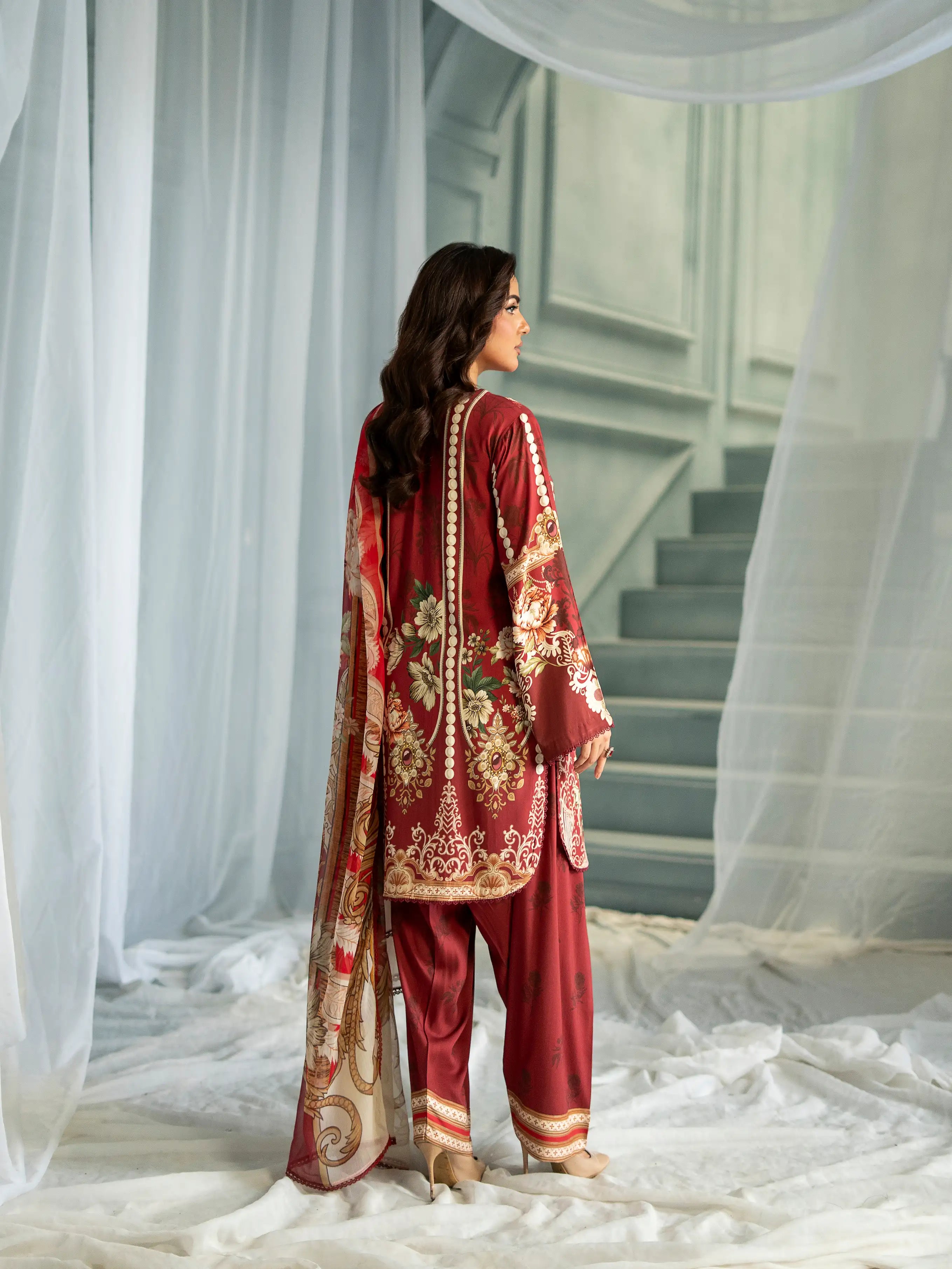 Rust Ember Printed Linen Dress Pakistan 3 Pcs