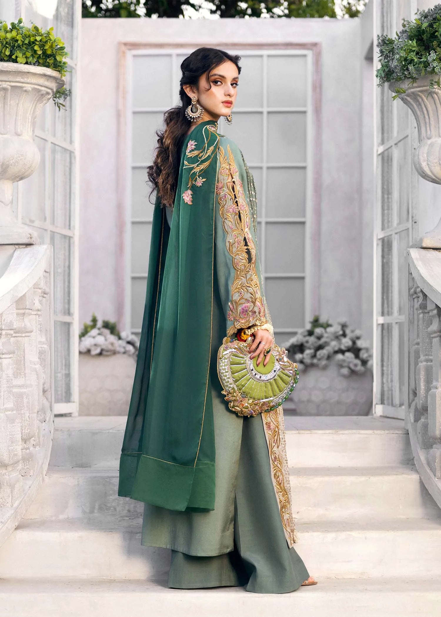 Female model in Sage chiffon pret Buraqstore, perfect ladies outfit