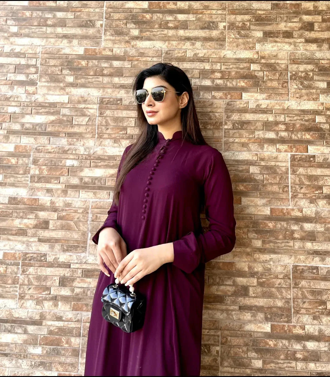 Purple Long Button Set Crepe Pret 2 PCs