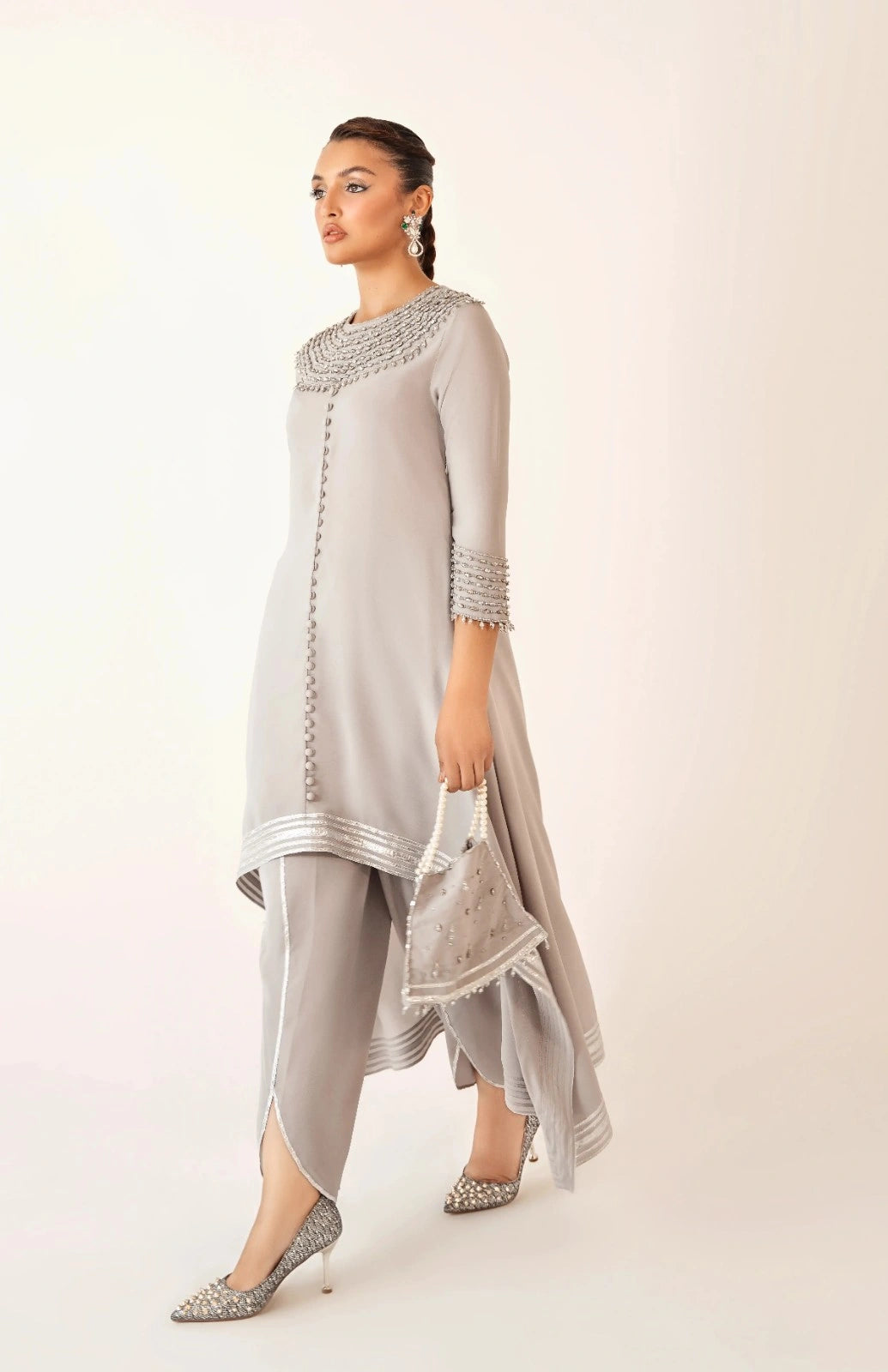 Stylish silver colour dress 2 piece pret outfit for women by Buraqstore